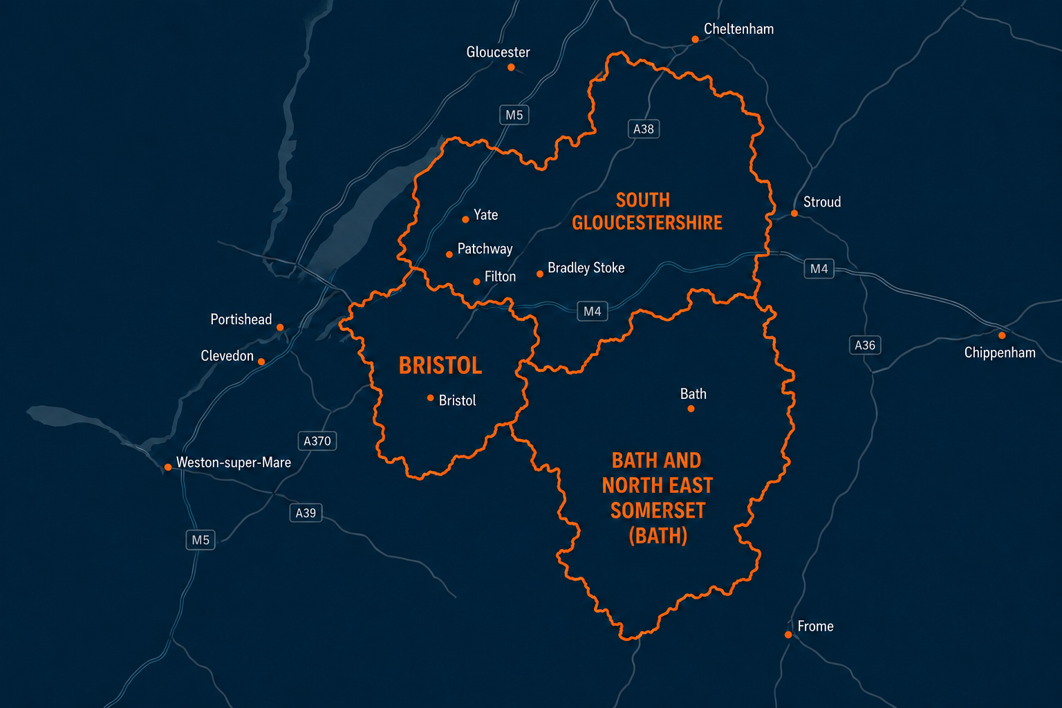 Map of AllWorks Group service coverage across Bristol, Bath and South Gloucestershire